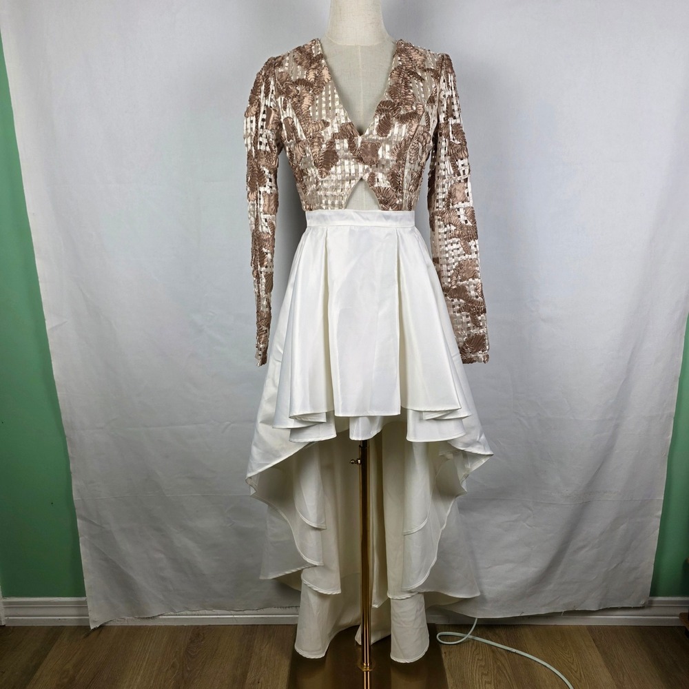 L'Atiste by Amy Rose Gold Embroidered High Low Gown White Satin Skirt Small